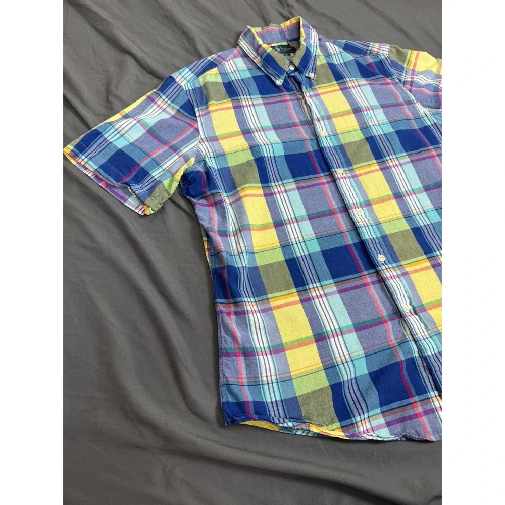 Polo Ralph Lauren Mens Large Custom Fit Plaid S/S Button Down Shirt Blue